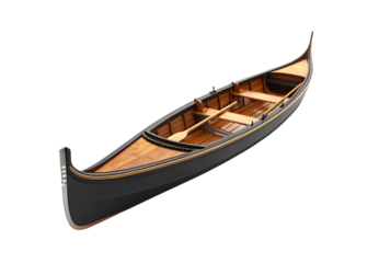 Classic black gondola with curved bow and wooden bench seating, isolated on a transparent background