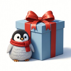 Penguin with a red scarf next to a gift box