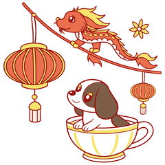Cute SVG of a Dreamy American Water Spaniel in Year of the Dragon (or relevant animal) colors, featuring in a teacup in a Lunar New Year / Chinese New Year setting