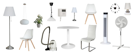 white floor lamp, table lamp, chandelier, flowers, intercom, chair, fan, clock, armchair, vacuum cleaner, table, heater isolated on white background. set for living roomd