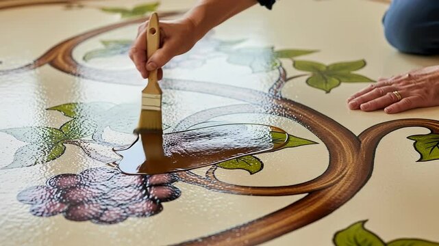 A person carefully brushes protective varnish over a colorful decorative pattern on a floor tile. The vibrant design features grape clusters and leafy vines.