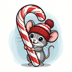 Mouse holding a festive candy cane and wearing a winter hat