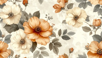 Vintage Floral Pattern with Cream and Orange Blooms on Textured Background