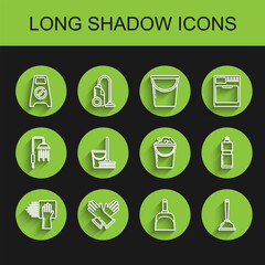 Set line Cleaning service, Rubber gloves, Wet floor and cleaning progress, Dustpan, Toilet plunger, Mop bucket, Plastic bottles for liquid dishwashing liquid and Bucket with foam bubbles icon. Vector
