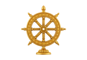 Ornate golden dharmachakra wheel with eight spokes and decorative lotus base, isolated on a transparent background