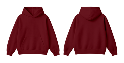 Blank Red Maroon Oversized Hoodie Mockup Front and Back Views Isolated on Transparent Background
