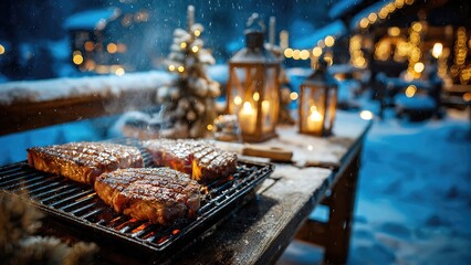 Grilled Steaks on Barbecue in Snowy Christmas Night with Festive Lights