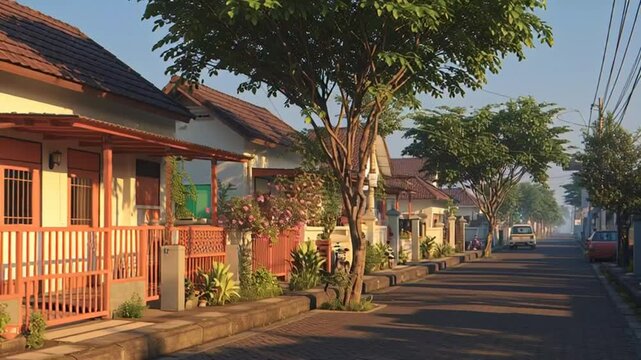 A quiet residential street lined with modest houses and green trees under soft morning light.