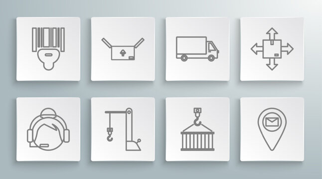 Set line Support operator in touch, Cardboard box with traffic symbol, Harbor crane, Container on, Placeholder map paper, Delivery cargo truck vehicle, and Scanner scanning bar code icon. Vector