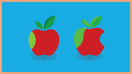 Two bitten red apples with green leaves on blue background