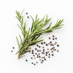 Fototapeta premium A few rosemary leaves and black pepper scattered on a white background, isolated on a clean white background with margins