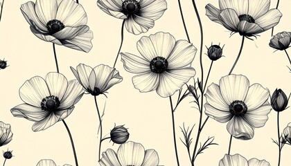 Black and White Floral Pattern with Long-Stemmed Blooms on Beige Background