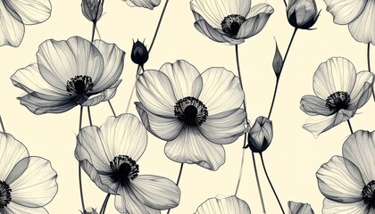 Black and White Floral Pattern with Long-Stemmed Blooms on Beige Background