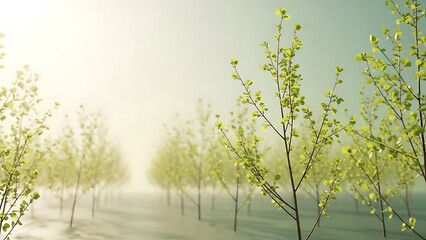 scattered spring branches with tender leaves, open calm space, soft sunlight filtering through, dreamy pastel tones