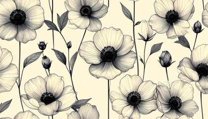 Black and White Floral Pattern with Long-Stemmed Blooms on Beige Background