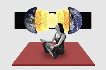 Collage with a woman in meditating pose and divided Earth