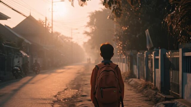 A young student with a backpack walks alone on a dusty village road bathed in golden morning light.