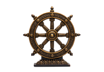 Dharma wheel Buddhist symbol with decorative bronze metalwork, isolated on a transparent background