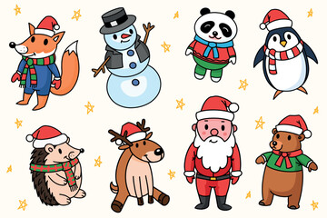 Cute Christmas characters. New year animals and Santa Claus, Panda bear, hedgehog and Rudeolph deer in clothes and red hat, snowman and funny fox with penguin