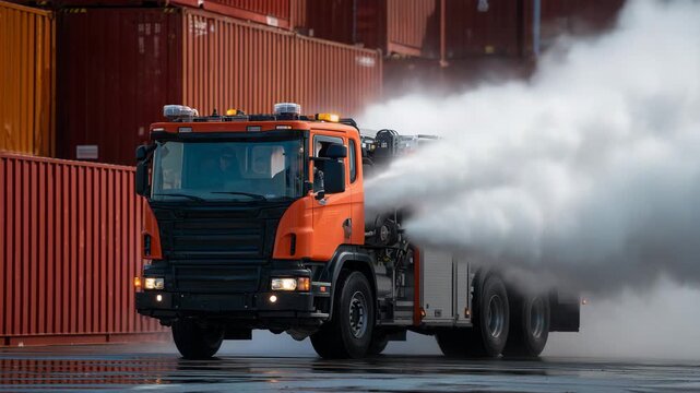 410Modern firefighting truck deploying high-pressure foam jets toward a red steel training structure, simulated smoke and lighting effects for realism
