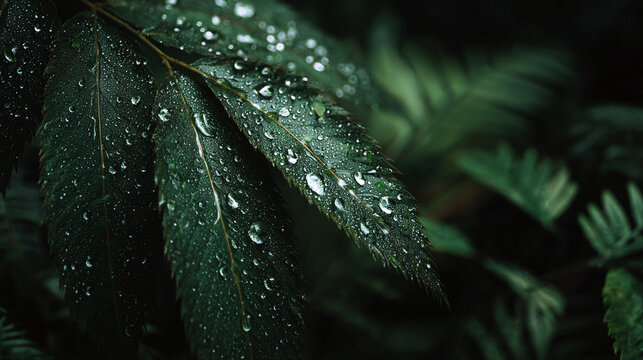 Close-up shot of a verdant leaf adorned with glistening droplets of water, creating a tranquil and refreshing scene. The composition highlights the intricate textures of nature.