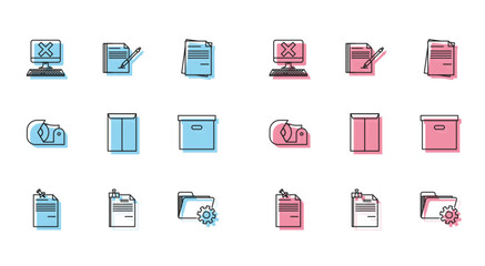 Set line Note paper with pinned pushbutton, File document and binder clip, Computer keyboard x mark, Folder settings gears, Envelope, Carton cardboard box, Scotch and Blank notebook pen icon. Vector