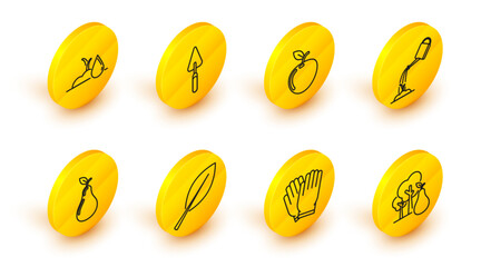 Set line Tree with pears, Garden gloves, Leaf, Pear, Watering can water, Apple, trowel spade or shovel and sprout icon. Vector © Oksana
