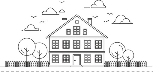 A charming two story residential house with a pointed roof and multiple windows stands among trees and a picket fence under a cloudy sky with flying birds in this minimalist line art illustration