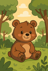 Cute Baby Bear Sitting in Forest - Adorable Cartoon Animal Vector