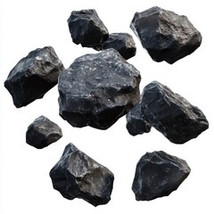 A group of black rocks floating in the air, isolated on a white background