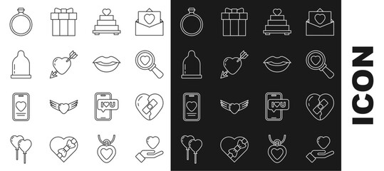 Set line Heart in hand, Healed broken heart, Search love, Wedding cake with, Amour arrow, Condom, Diamond engagement ring and Smiling lips icon. Vector