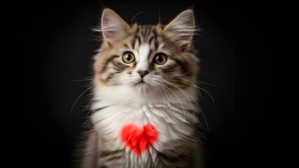 Fototapeta premium Long Exposure Fluffy Cat Portrait with Red Heart – Captivating Pet Photography