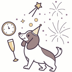 Whimsical American Water Spaniel feeling Cheerful in a New Year's Eve/Day setting with with a tiny crown – colored in New Beginnings