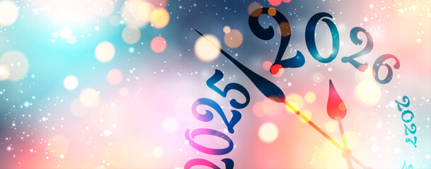 Vibrant clock illustration marks the transition from 2025 to 2026 in a festive winter glow. Vector illustration.