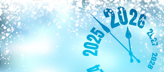 Icy blue clock counts down to 2026 surrounded by snowfall and light flares. Vector illustration for winter holidays.