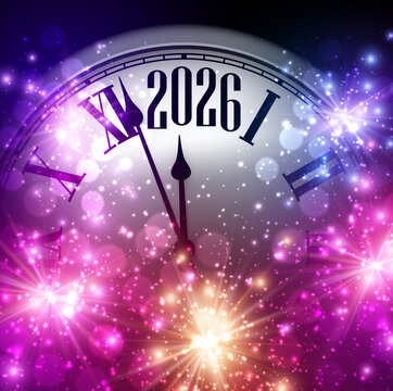 Glowing vintage clock surrounded by purple and gold sparkles counting down to 2026. Vector illustration.