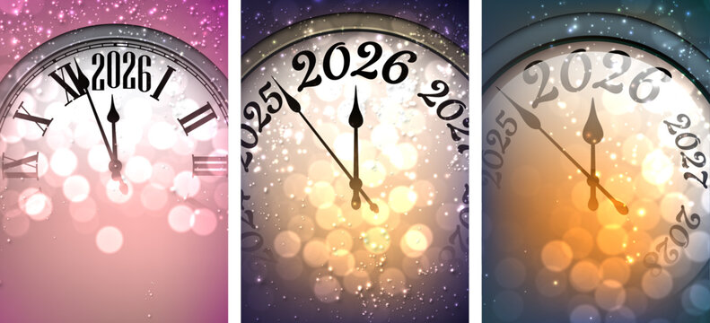 Elegant festive countdown clocks with sparkling lights and bokeh effects welcoming the new year 2026, perfect Vector illustration. - Powered by Adobe