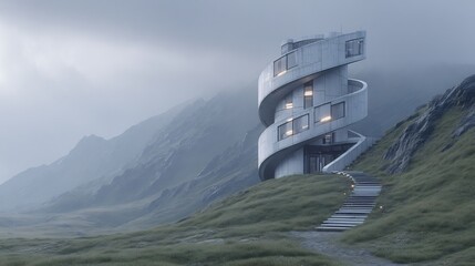 Futuristic Spiral House on a Misty Mountain.