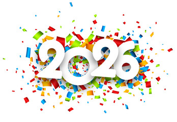 Obraz premium White 2026 text surrounded by colorful flying confetti on a white background. Vector illustration.