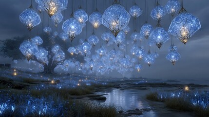 Magical Blue Lanterns Hanging Above a Serene Landscape.