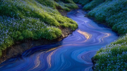 Magical Forest Stream with Glowing Swirls.