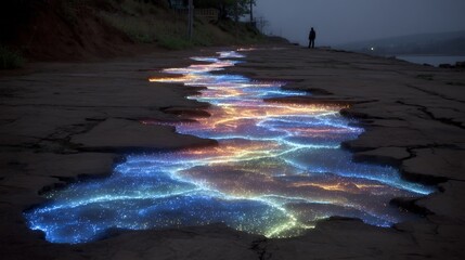 Magical Glowing River on Cracked Earth.
