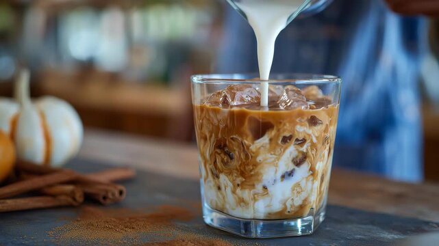Barista&rsquo;s hand pouring creamy pumpkin latte over ice, splash frozen mid-motion, golden brown liquid swirling, cozy fall caf&eacute; backdrop with cinnamon and nutmeg dust