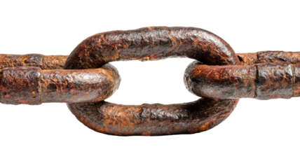 Close-up macro of an old, heavy, isolated rusty metal chain link shows industrial strength and connection