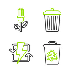 Set line Recycle bin with recycle symbol, Recharging, Trash can and Light bulb leaf icon. Vector
