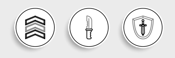 Obraz premium Set line Medieval shield with sword, Military rank and knife icon. Vector