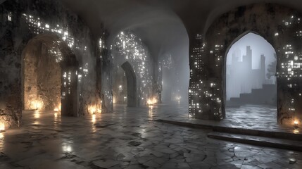 Mysterious Ancient Hallway with Glowing Lights and Arches.