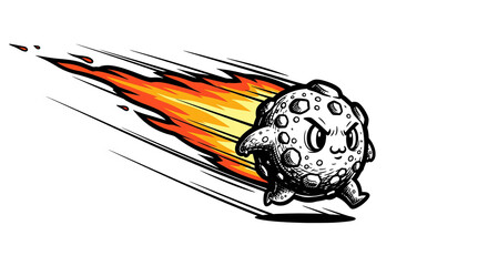 A dynamic cartoon meteor character, complete with a fiery tail, hurtling through space with a determined expression, rendered in a striking comic book style.