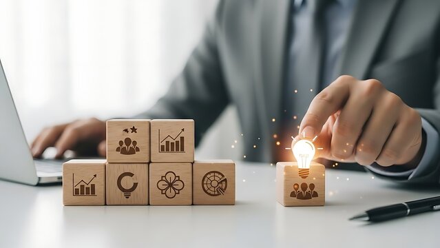 Businessman lighting wooden blocks with success icons on a desk