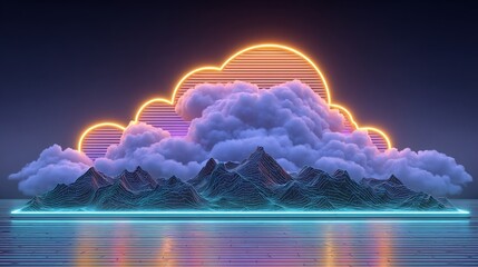 Surreal Neon Cloud Over Geometric Mountains.